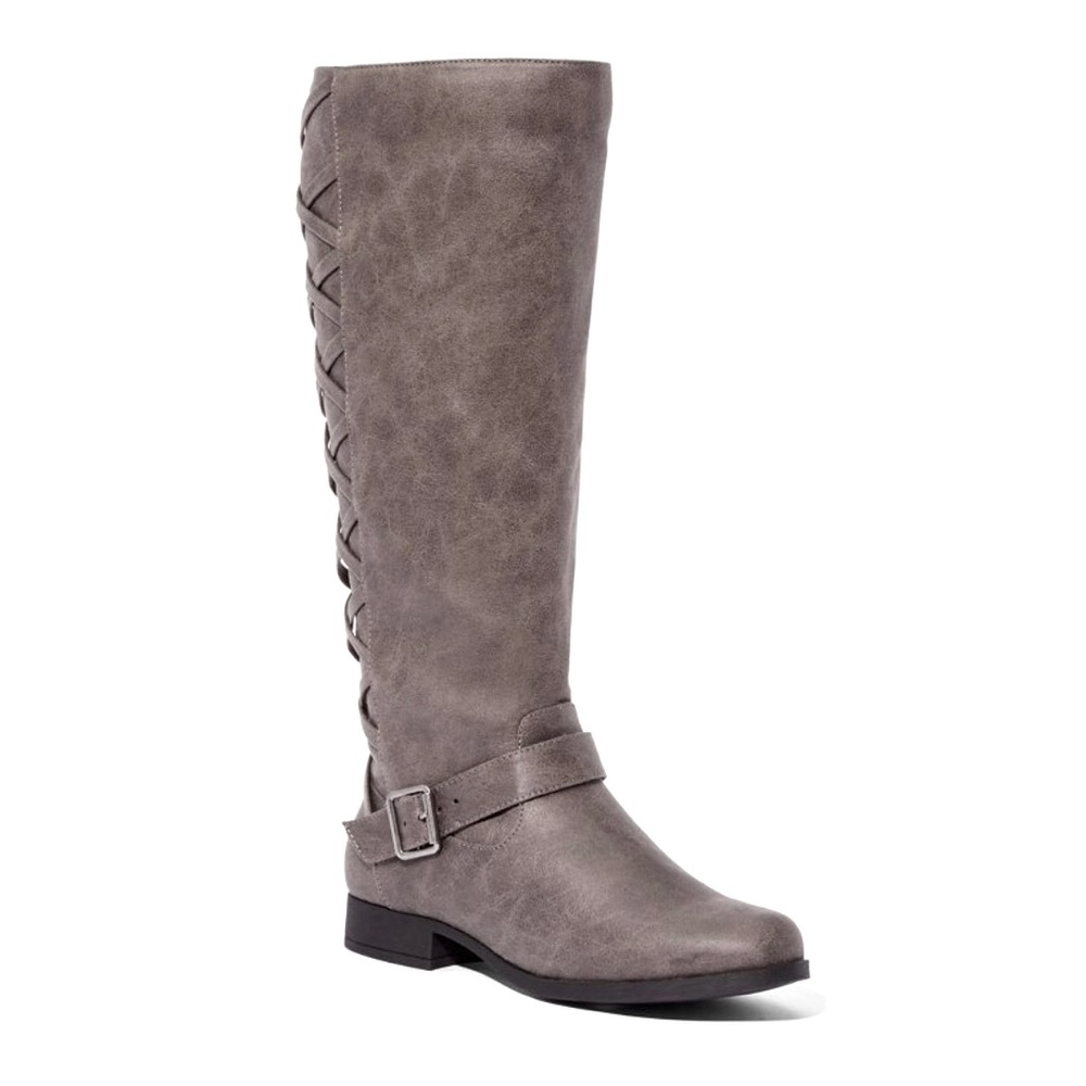Faux Leather, 1 inch heeled, corset back, gray boots.